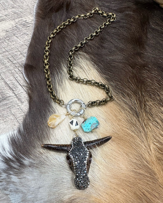 Citrine + Chrysocolla Long Horn Necklace